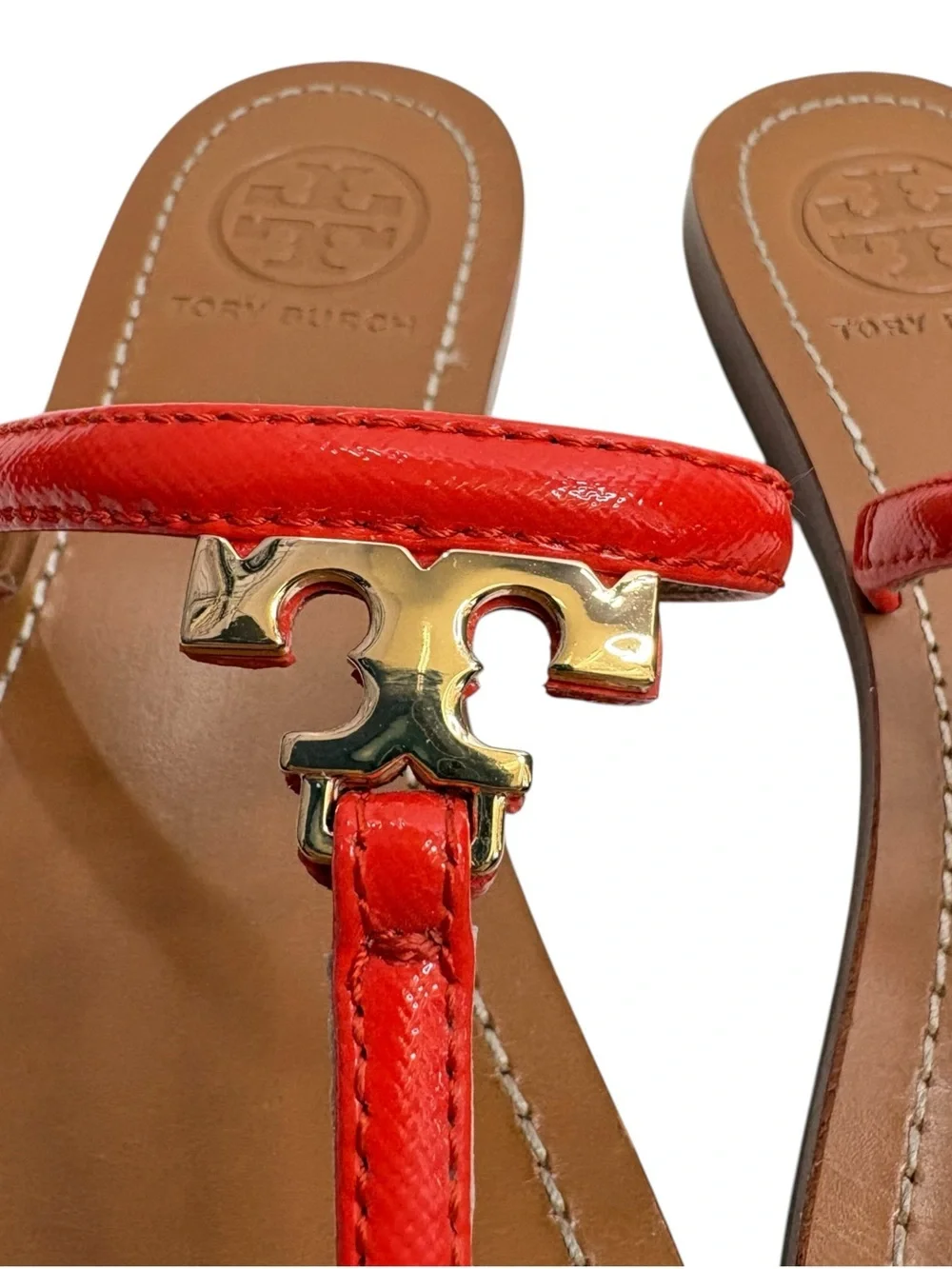 Tory Burch Red Leather Logo Thong Sandals with Gold Hardware